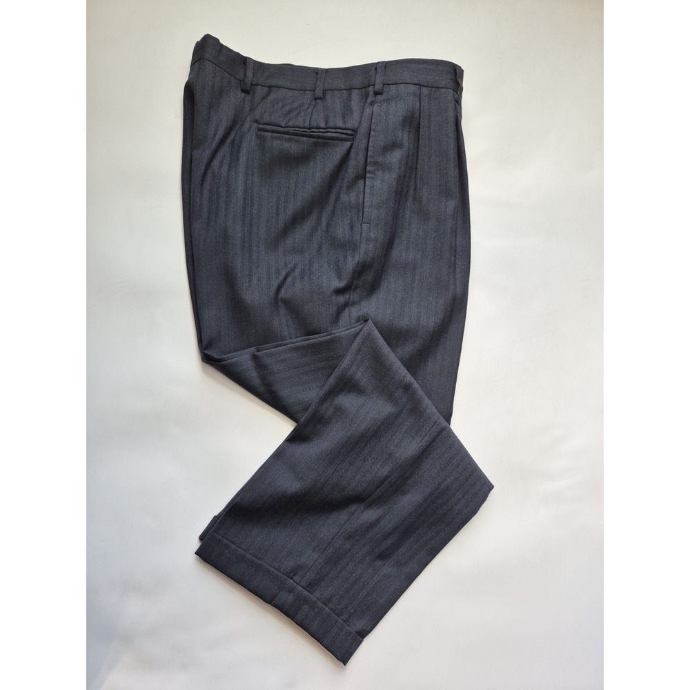 Bespoke Mens Pleated Wool Dress Pants 37x28 Dark Navy Herringbone Cuffed F306
